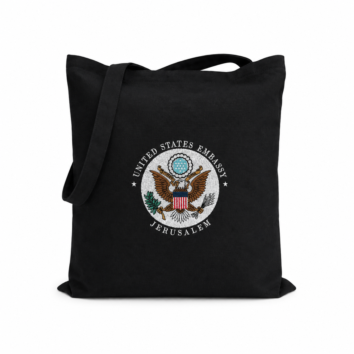 Black Cotton Tote Bag: Embassy Seal